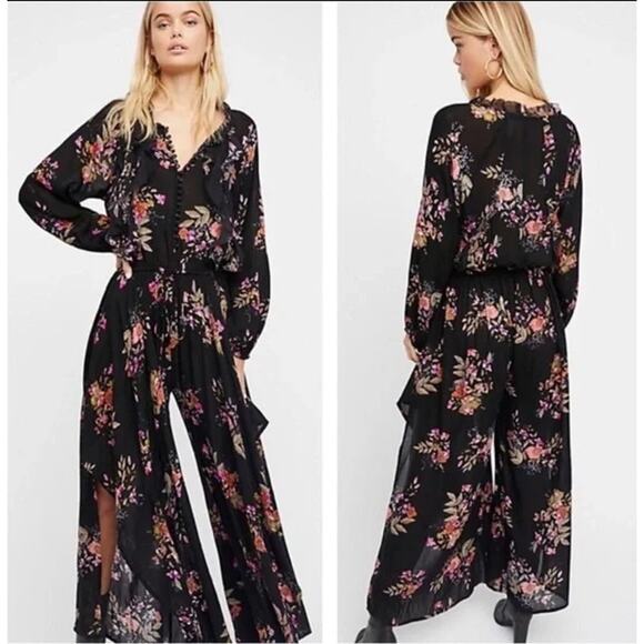 Free People Jumpsuit Floral Boho Whimsigoth Cottage Fairy Grunge Black Medium - Picture 9 of 10